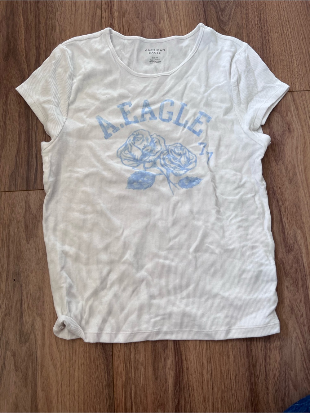 American Eagle Outfitters White Ribbed Graphic Tank with Blue Floral Logo